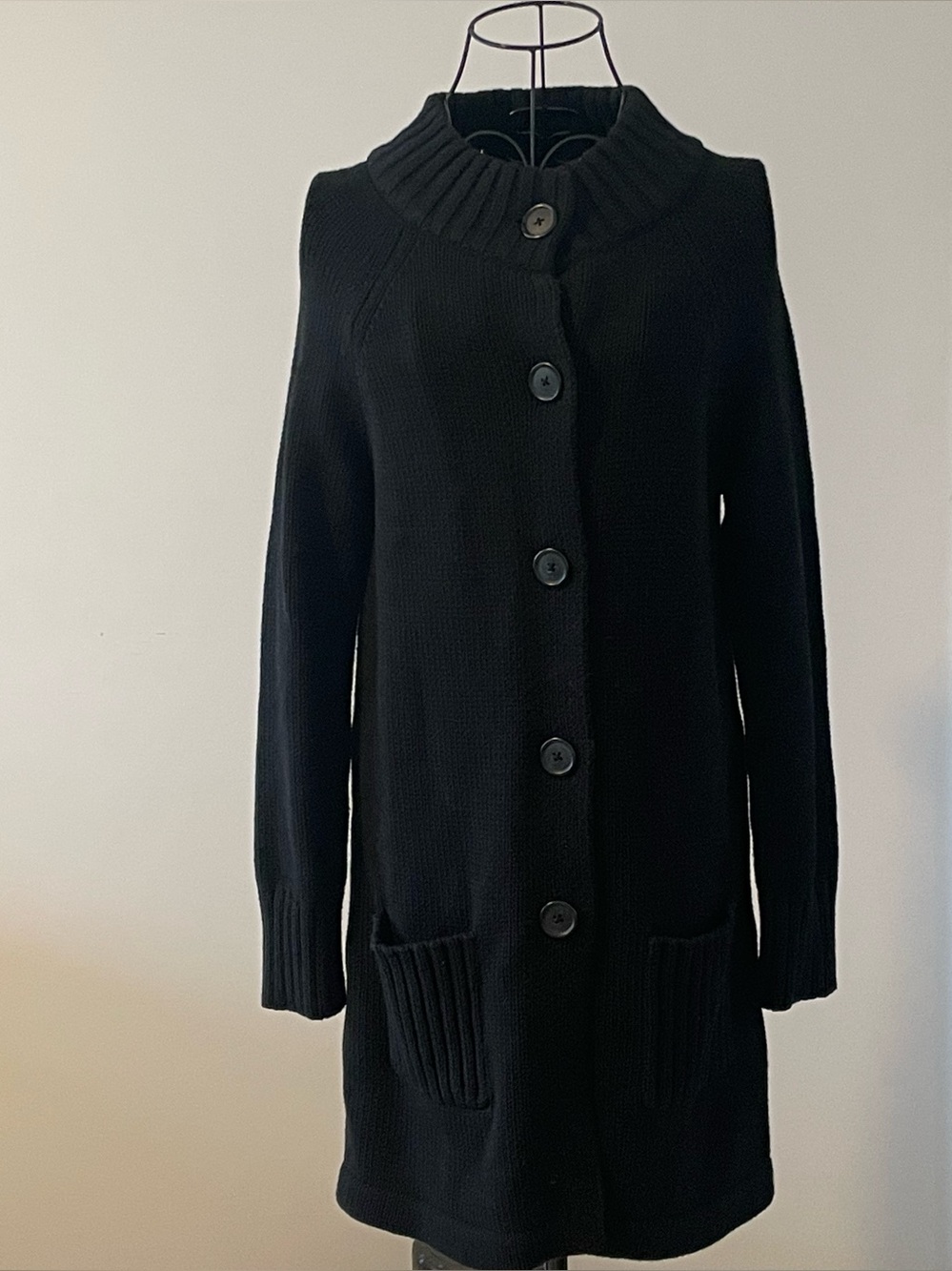 Ann Taylor Loft Black Button-Front Women's Sweater Coat Long Cardigan size M